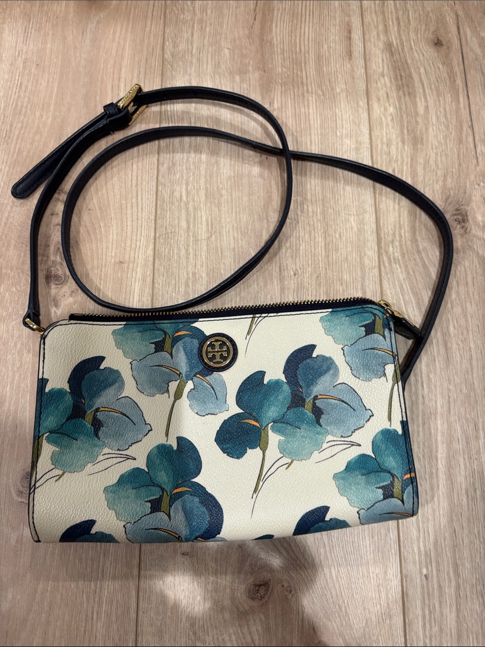 Tory Burch Teal Floral Crossbody with Black Strap